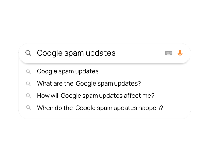 Google search tab with Google spam updates being searched and related suggestions