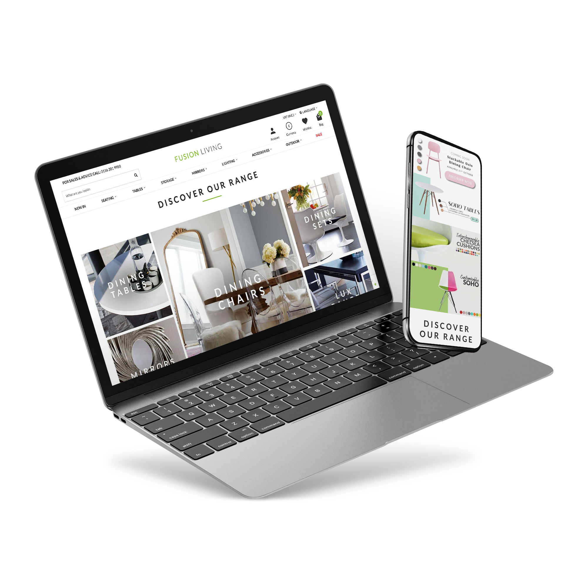 Laptop and phone screen with Fusion living's website