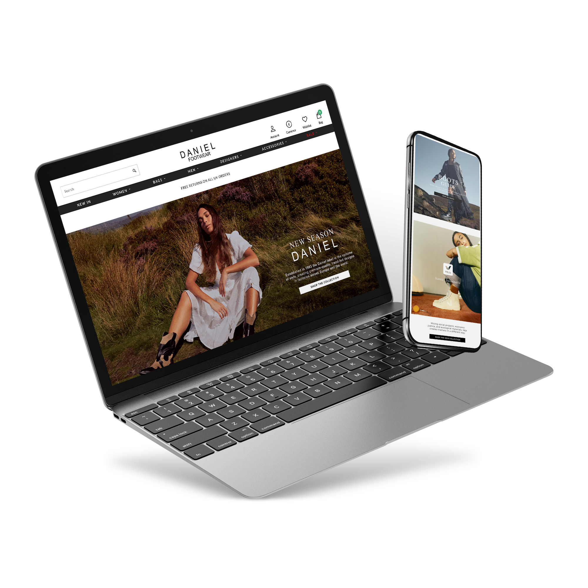 Laptop and mobile screen with Daniel Footwear's website